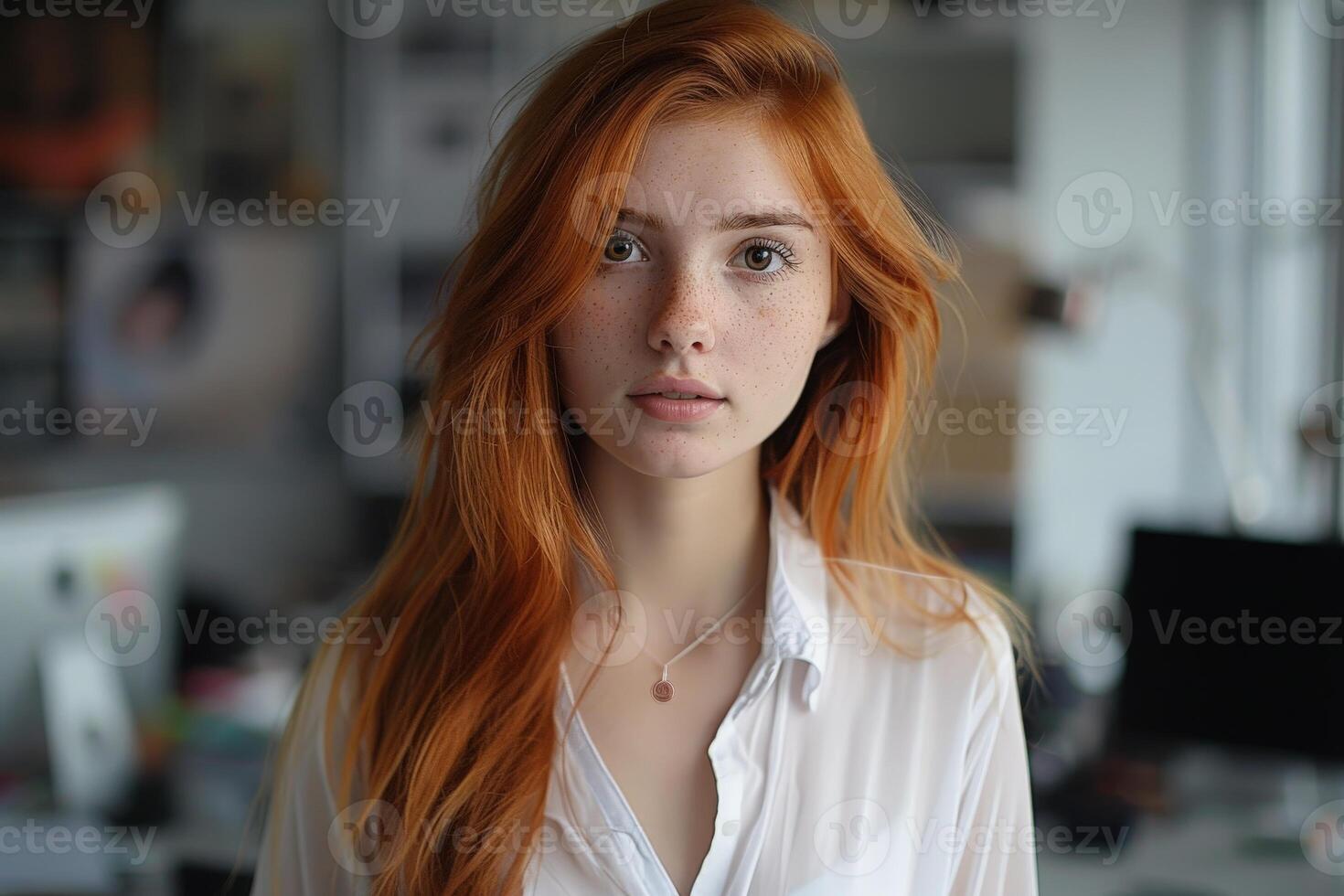 Portrait of a Young Woman With Long Red Hair in a White Shirt photo