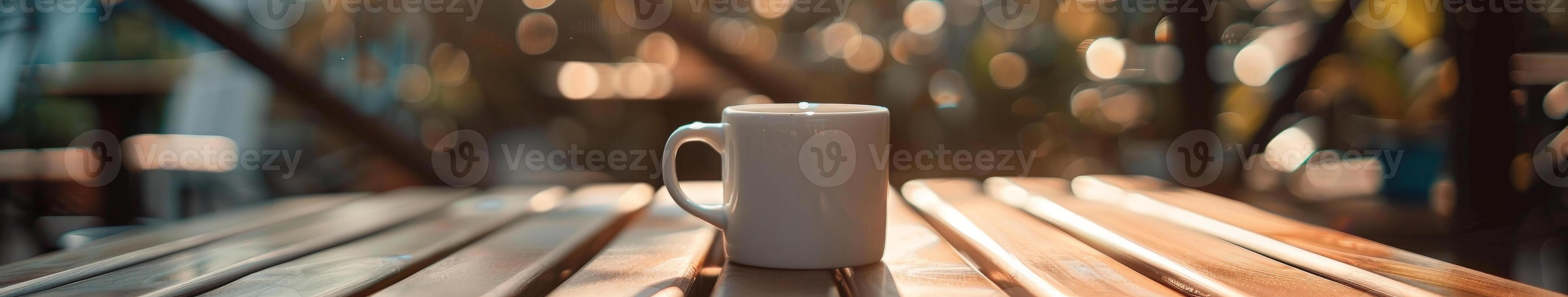 A White Coffee Cup on a Wooden Table at an Outdoor Cafe photo