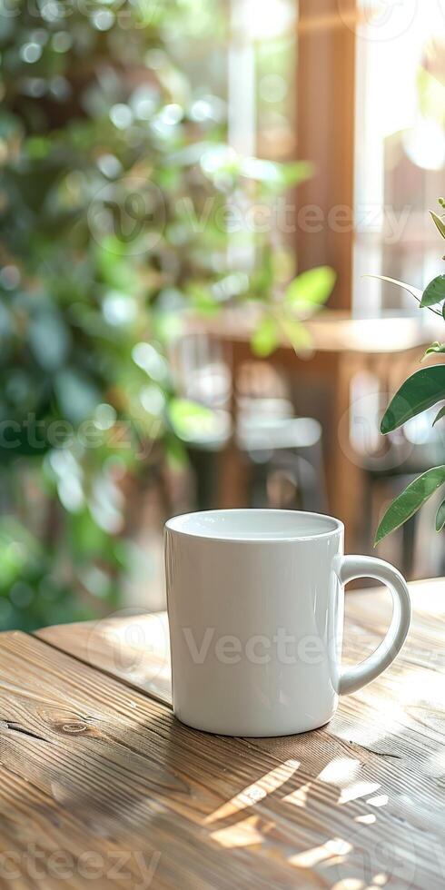 White Coffee Mug on Wooden Table at Outdoor Cafe photo
