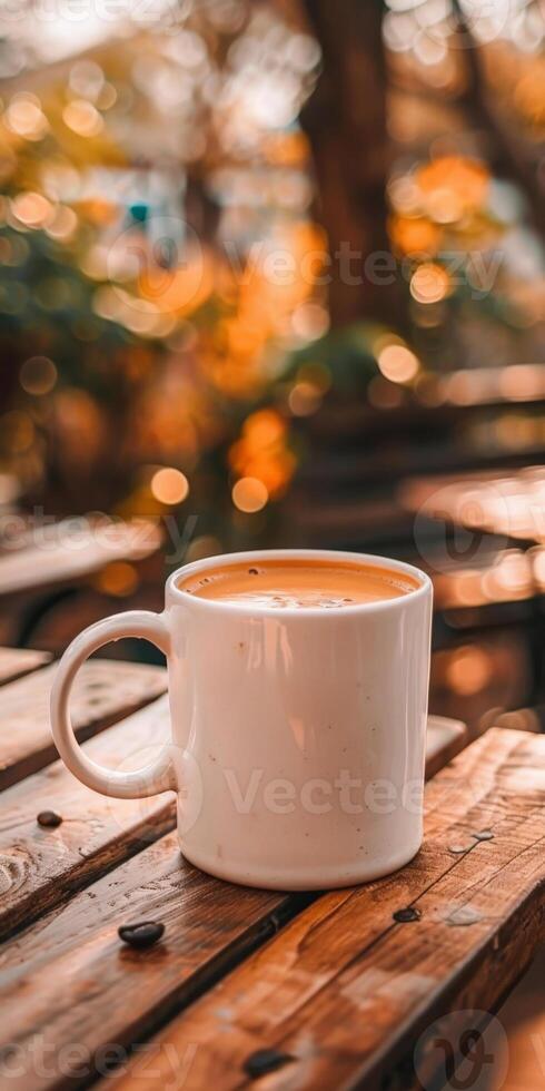 Close Up of Coffee Cup on Wooden Table at Outdoor Cafe photo