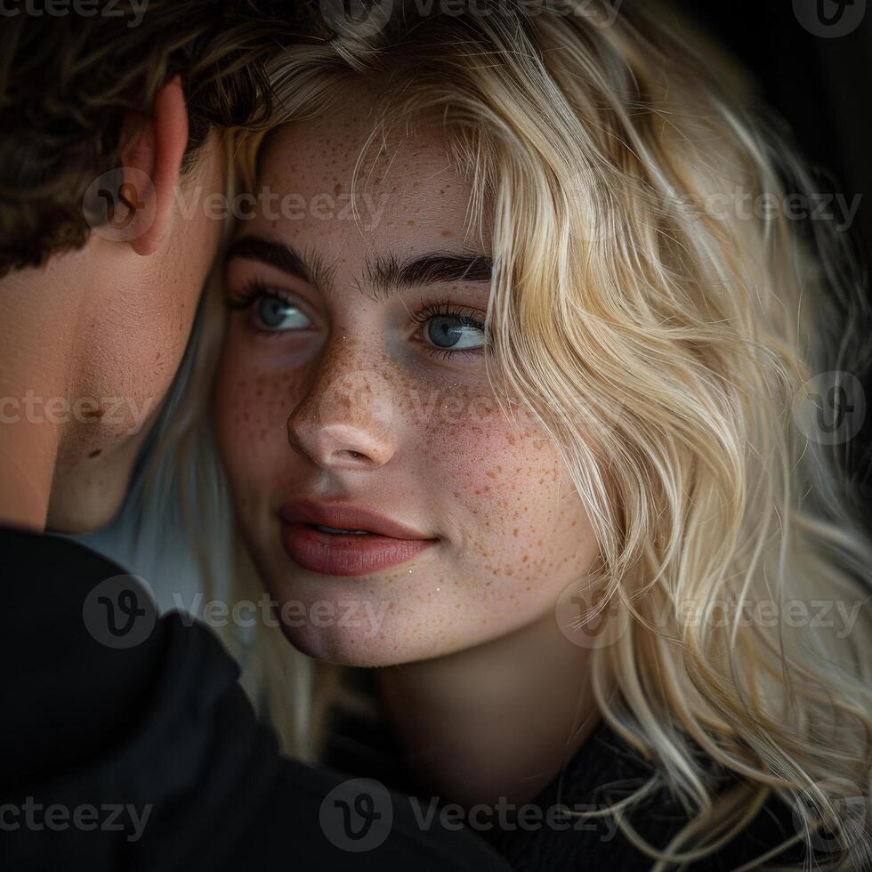 Young Woman With Blonde Hair and Freckles Gazing Lovingly at a Man photo