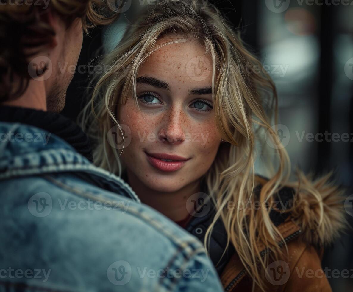 Blond Woman With Freckles Looking at the Camera, Standing Behind a Man in a Denim Jacket photo