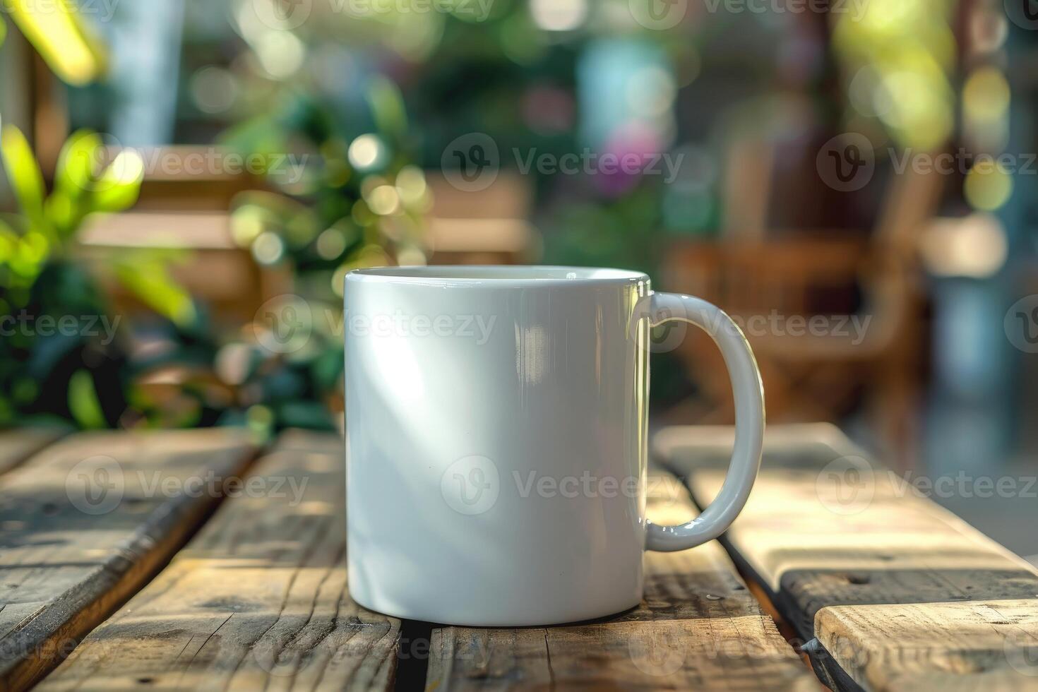 White Coffee Mug on Wooden Table at Outdoor Cafe photo