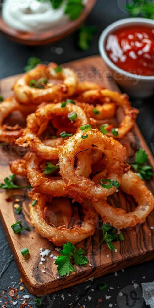 Crispy Fried Onion Rings With Mayonnaise and Tomato Sauce on Wooden Board photo