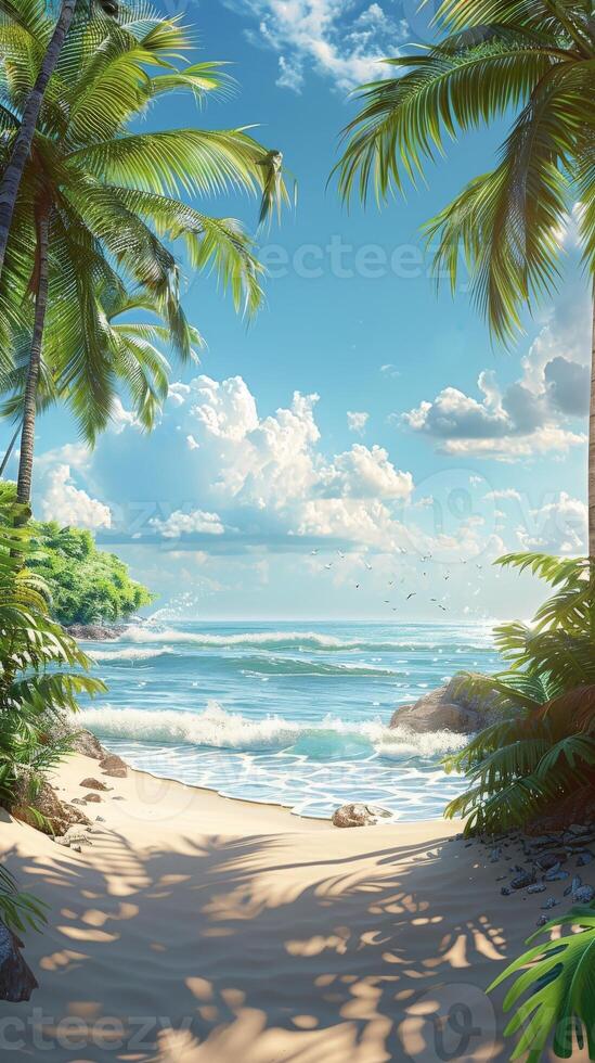 Tropical Beach Scene With Palm Trees and Crystal Clear Water photo