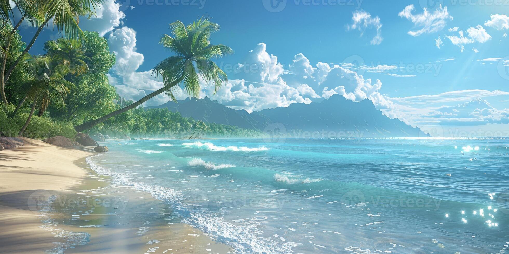 Tranquil Tropical Beach With Lush Palm Trees and Crystal Clear Water photo