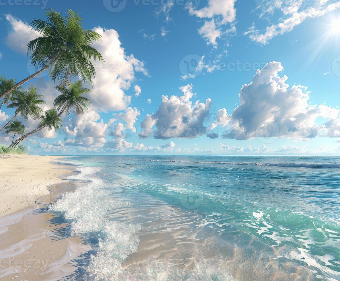Tranquil Tropical Beach Scene With Palm Trees and Blue Sky photo