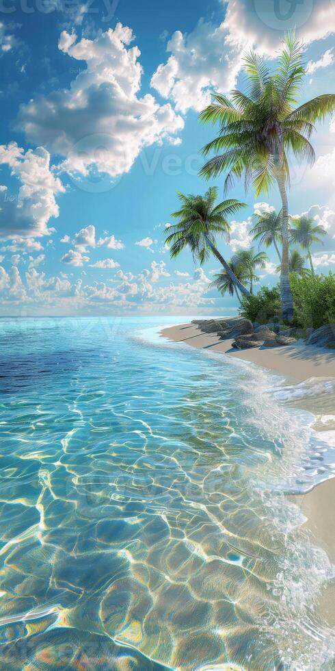 Tropical Beach With Palm Trees and Clear Water on a Sunny Day photo