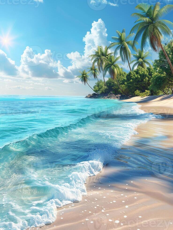 Tropical Beach Scene With Palm Trees and Crystal Clear Water photo