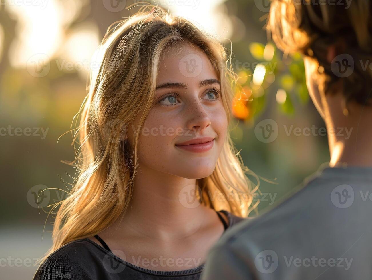 Young Woman Gazes Lovingly at Man in Golden Hour Sunlight photo
