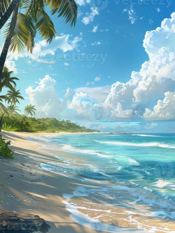 Tropical Beach Scene With Palm Trees and Clear Water on a Sunny Day photo