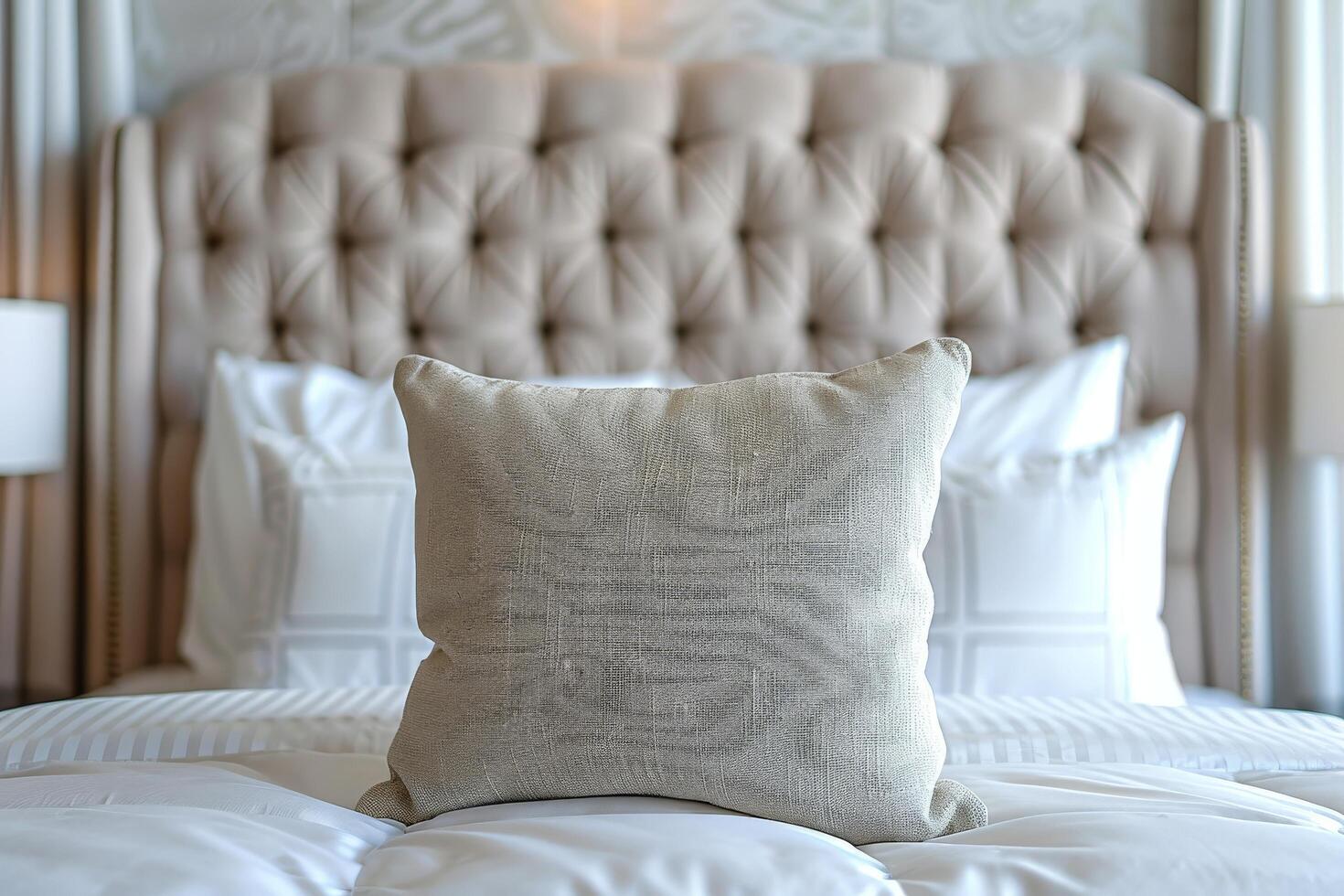 Soft White Pillow on a Plush Bed in a Hotel Room photo