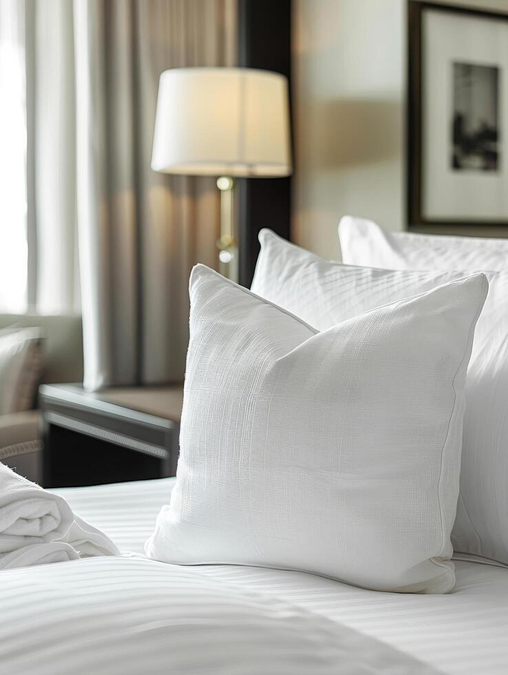 White Pillow on a Hotel Bed With a Blank Soft Fabric Cover photo
