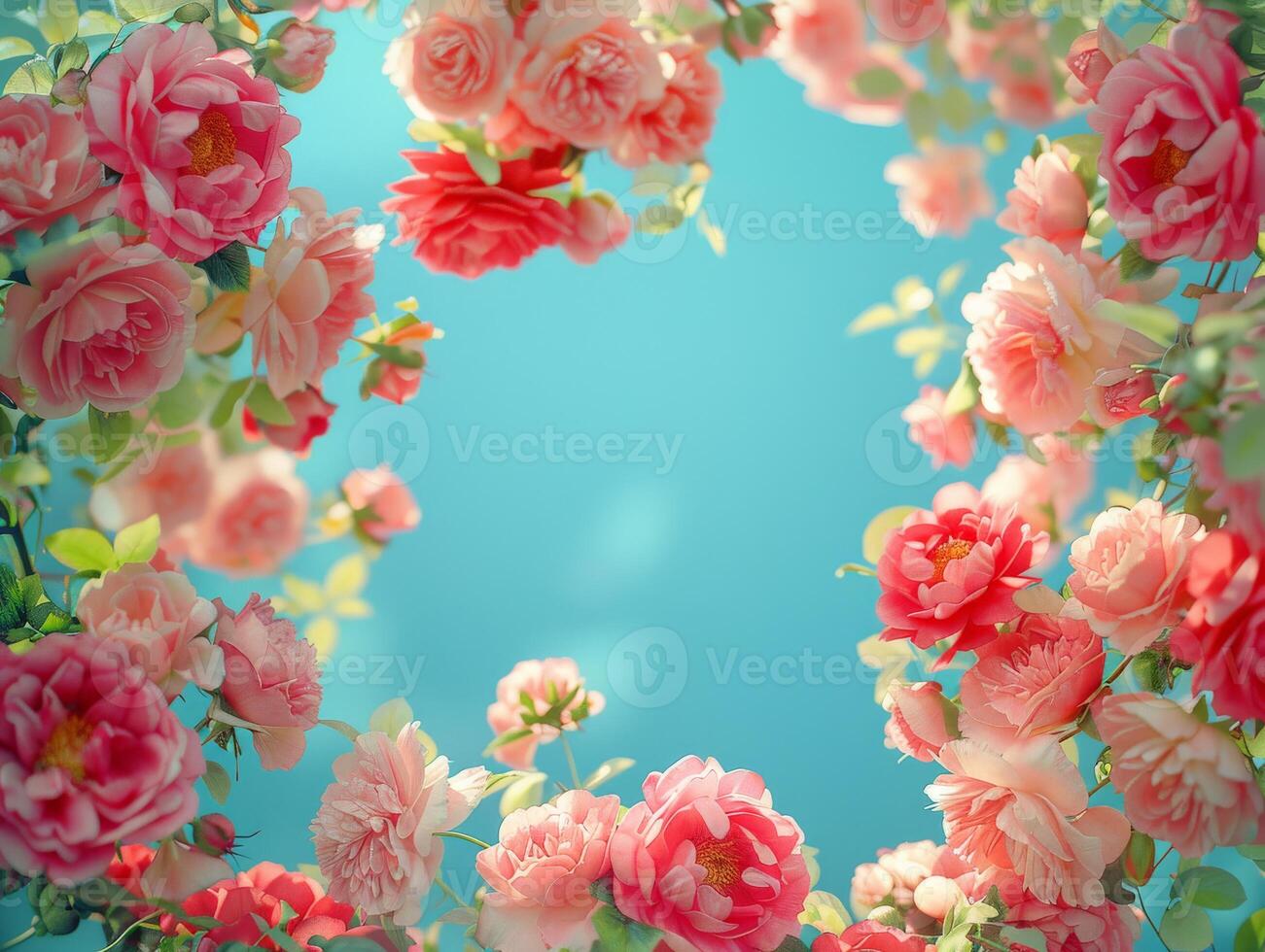 Pink Roses and Peonies Bloom Against a Bright Blue Sky photo