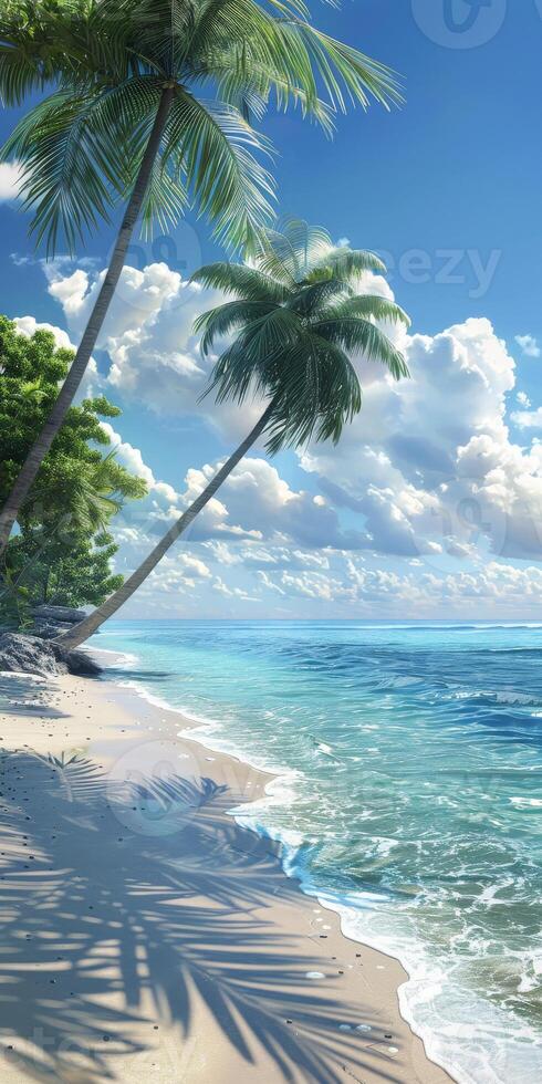 Tropical Beach Scene With Palm Trees And Blue Water photo
