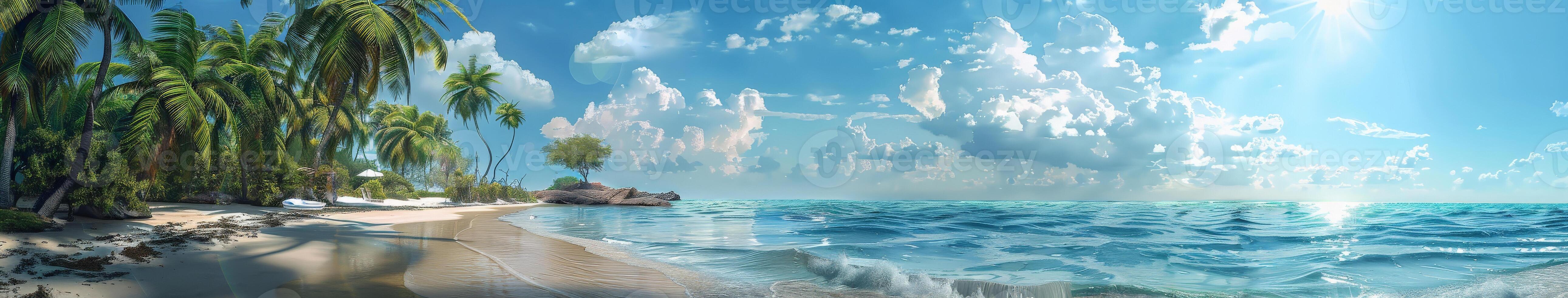 Tranquil Tropical Beach Scene With Palm Trees and Crystal Clear Water Under a Sunny Sky photo