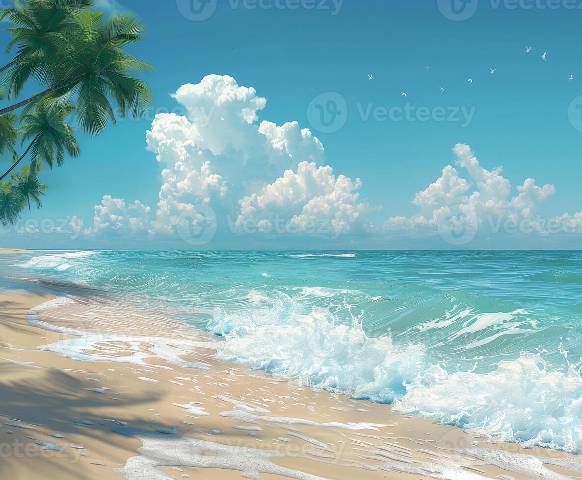Tropical Beach With Palm Trees and Clear Blue Water on a Sunny Day photo