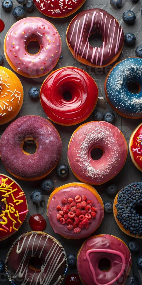 A Colorful Assortment of Glazed Donuts With Sprinkles and Toppings photo