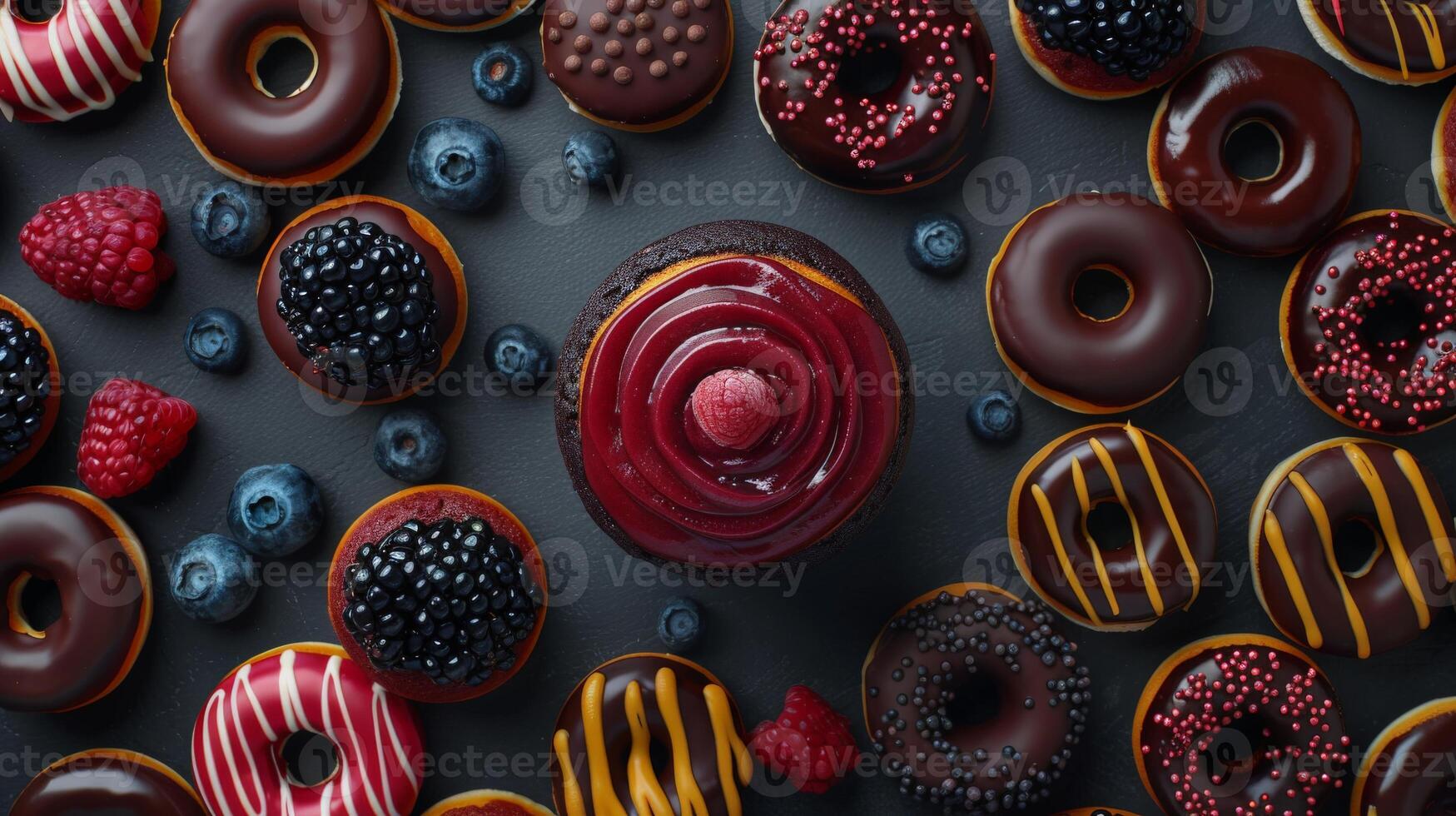 Colorful Donuts Arranged in Various Shapes on a Black Surface photo