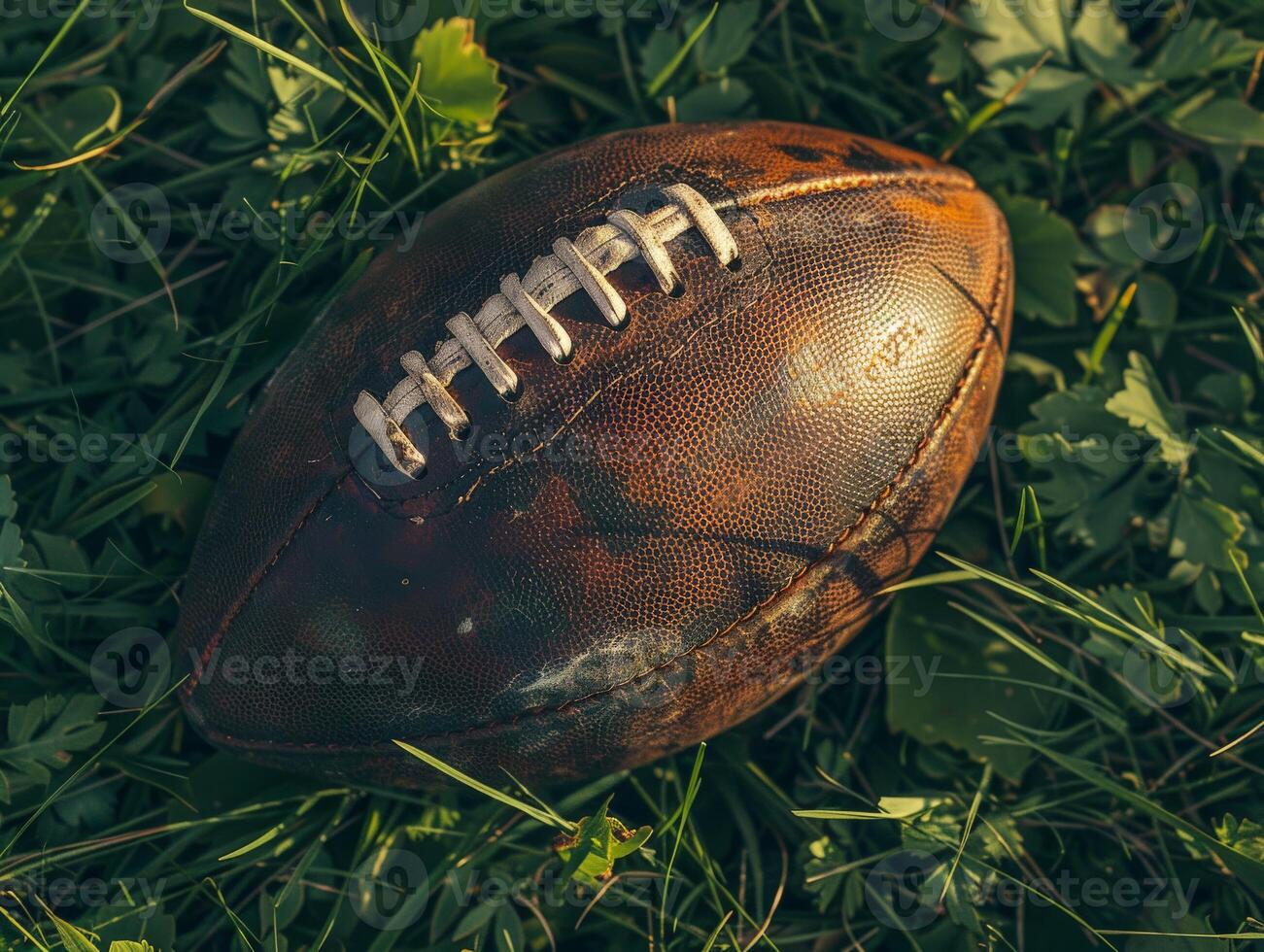 Worn Leather American Football on Lush Green Grass photo