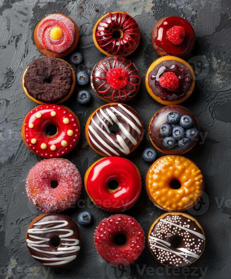 Colorful Donuts Arranged in Various Shapes on a Black Surface photo
