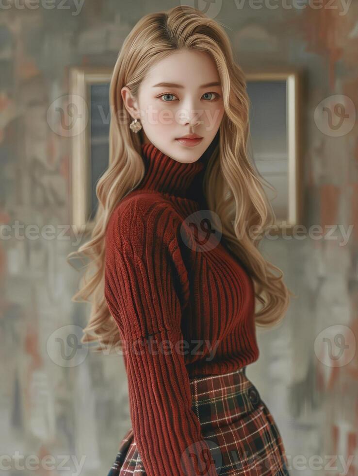Korean Woman With Blonde Hair Wearing a Red Sweater photo