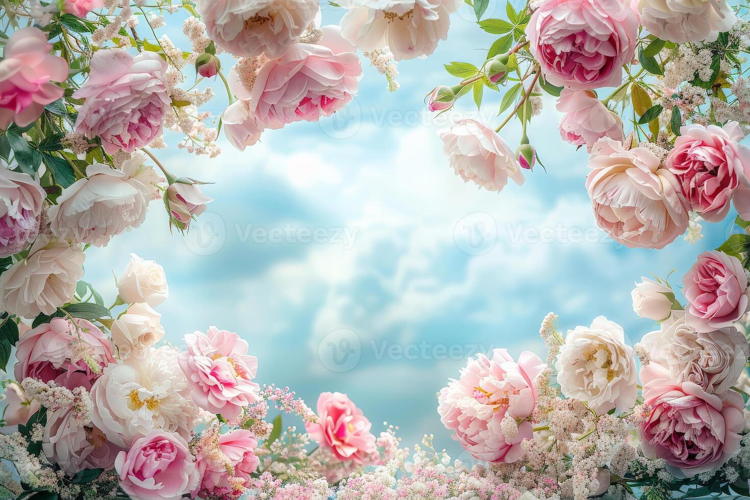 Pink Peonies and Roses Framing a Blue Sky photo