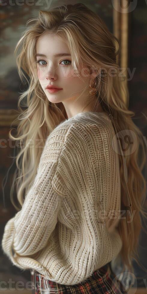 Korean Woman With Blonde Hair Wearing a Cream Sweater photo