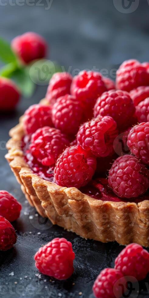 Ripe Raspberry Tart With Flaky Crust on Dark Background photo