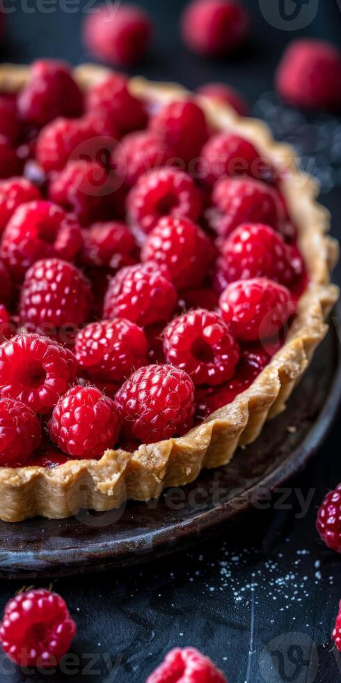 Close Up of a Ripe Raspberry Tart With Flaky Crust on a Dark Background photo