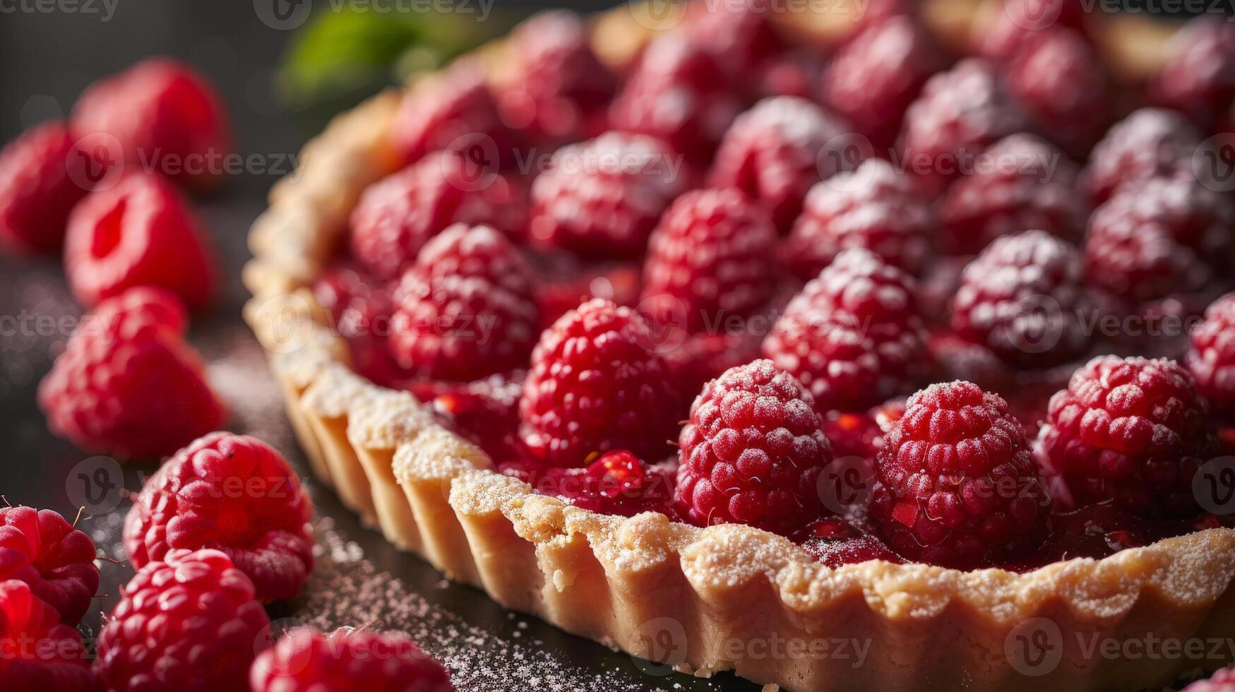 Ripe Raspberry Tart With Flaky Crust on Dark Background photo
