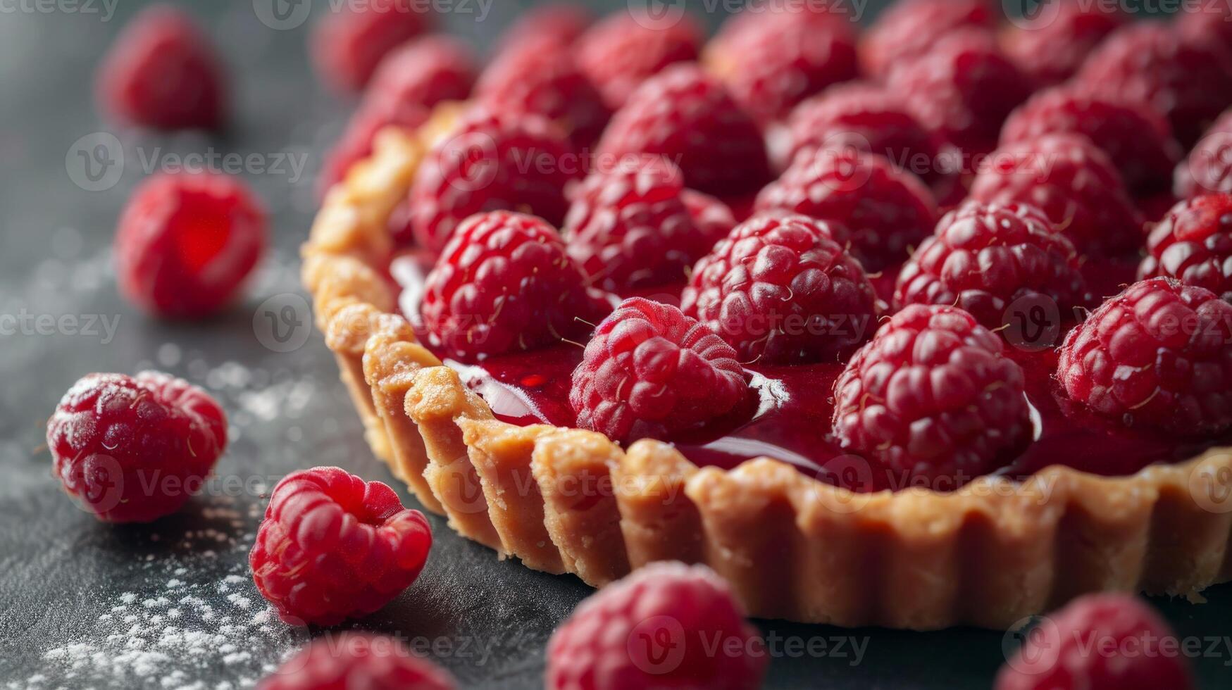 Ripe Raspberry Tart With Flaky Crust on a Dark Background photo