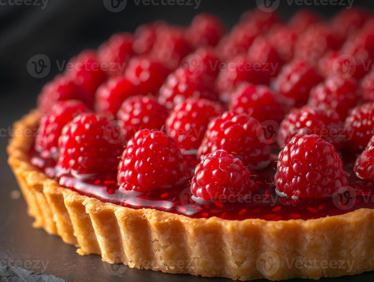 Close Up of a Ripe Raspberry Tart With Flaky Crust photo