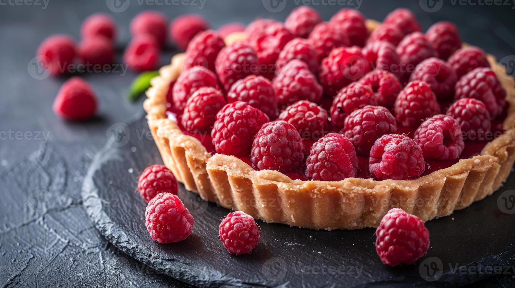 Ripe Raspberry Tart on Dark Background With Flaky Crust photo