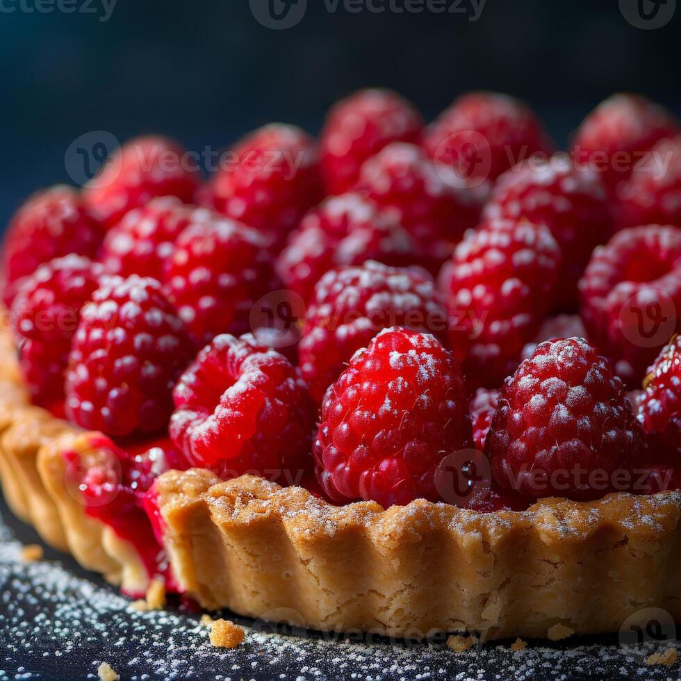 Ripe Raspberry Tart With Flaky Crust on a Dark Background photo