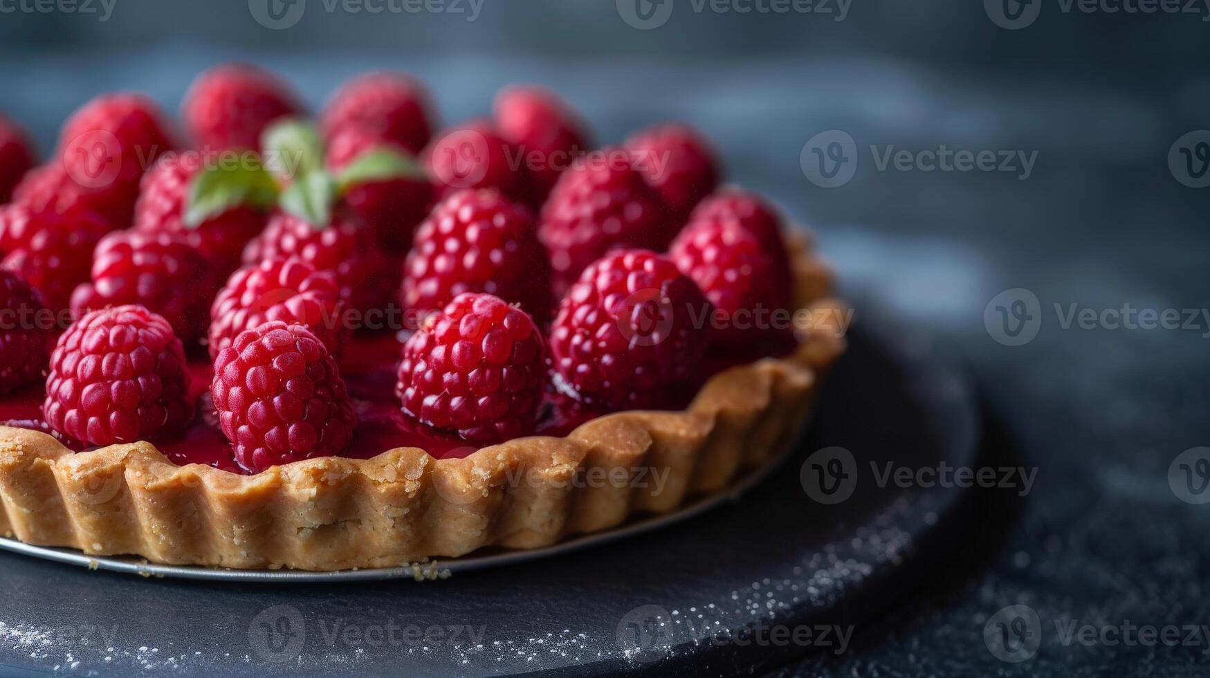 Close-Up of a Ripe Raspberry Tart With Flaky Crust photo