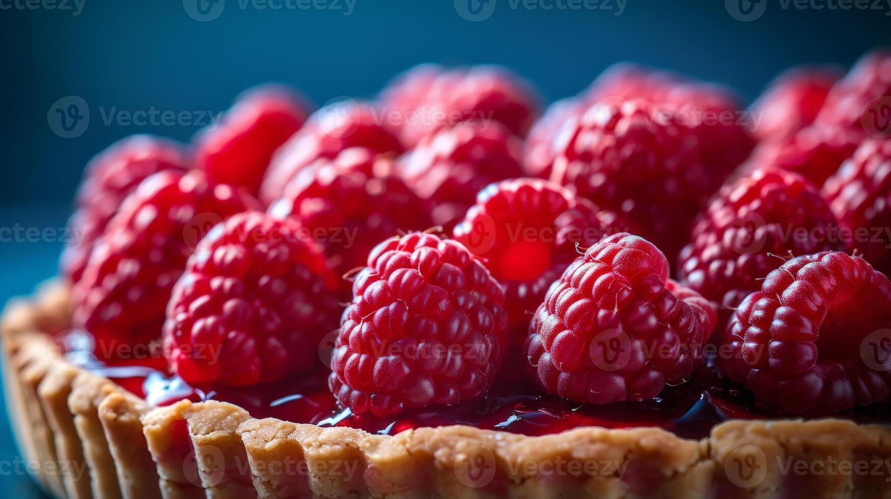 Ripe Raspberry Tart With Flaky Crust on a Blue Background photo