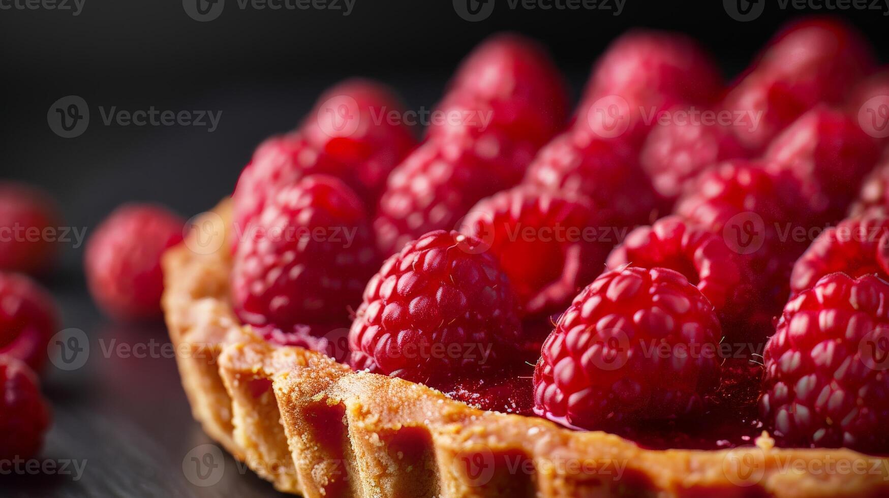 Closeup of Ripe Raspberry Tart With Flaky Crust on Dark Background photo