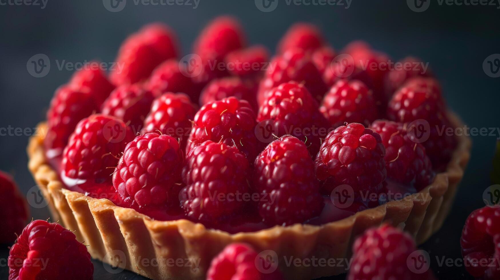 Ripe Raspberry Tart With Flaky Crust on Dark Background photo