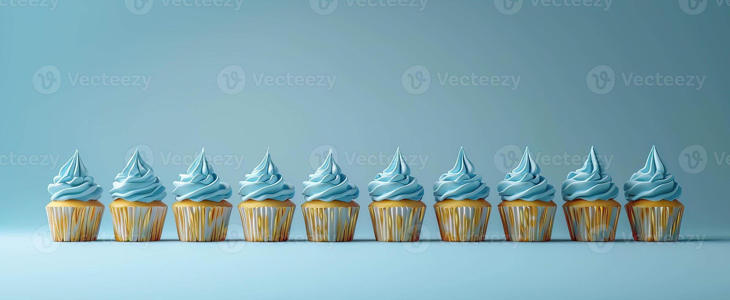 Row plain monochrome light blue frosted cupcakes simple blue background, minimalism, copy space photo