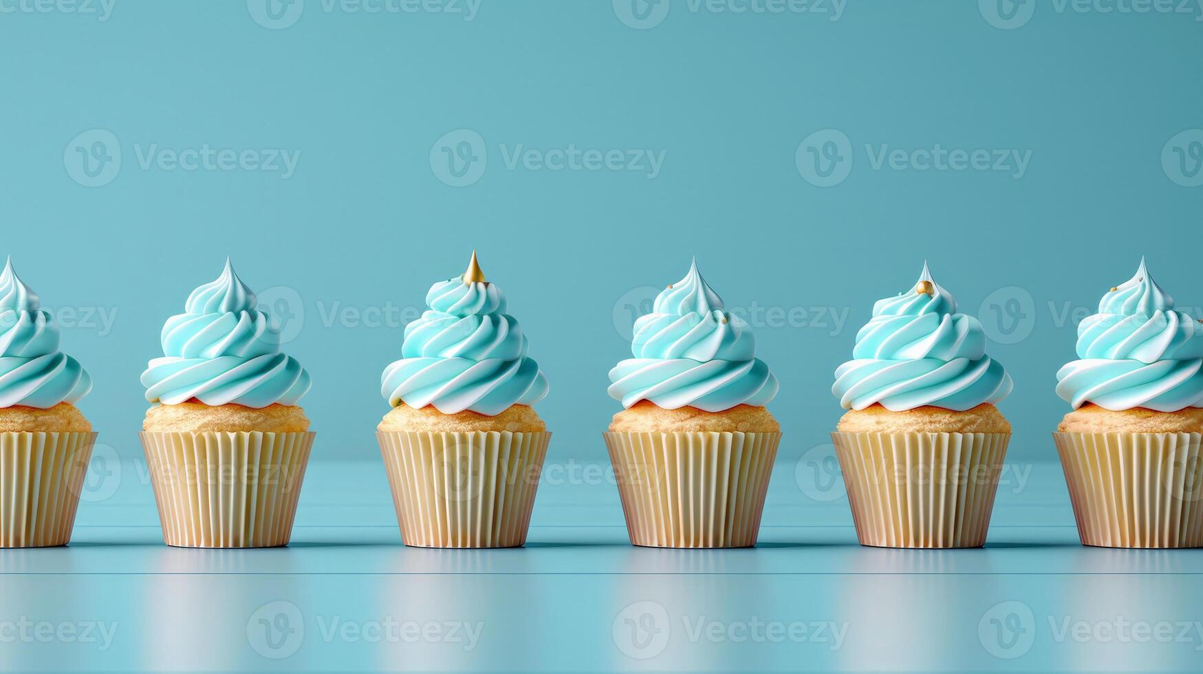 Row plain monochrome light blue frosted cupcakes simple blue background, minimalism, copy space photo