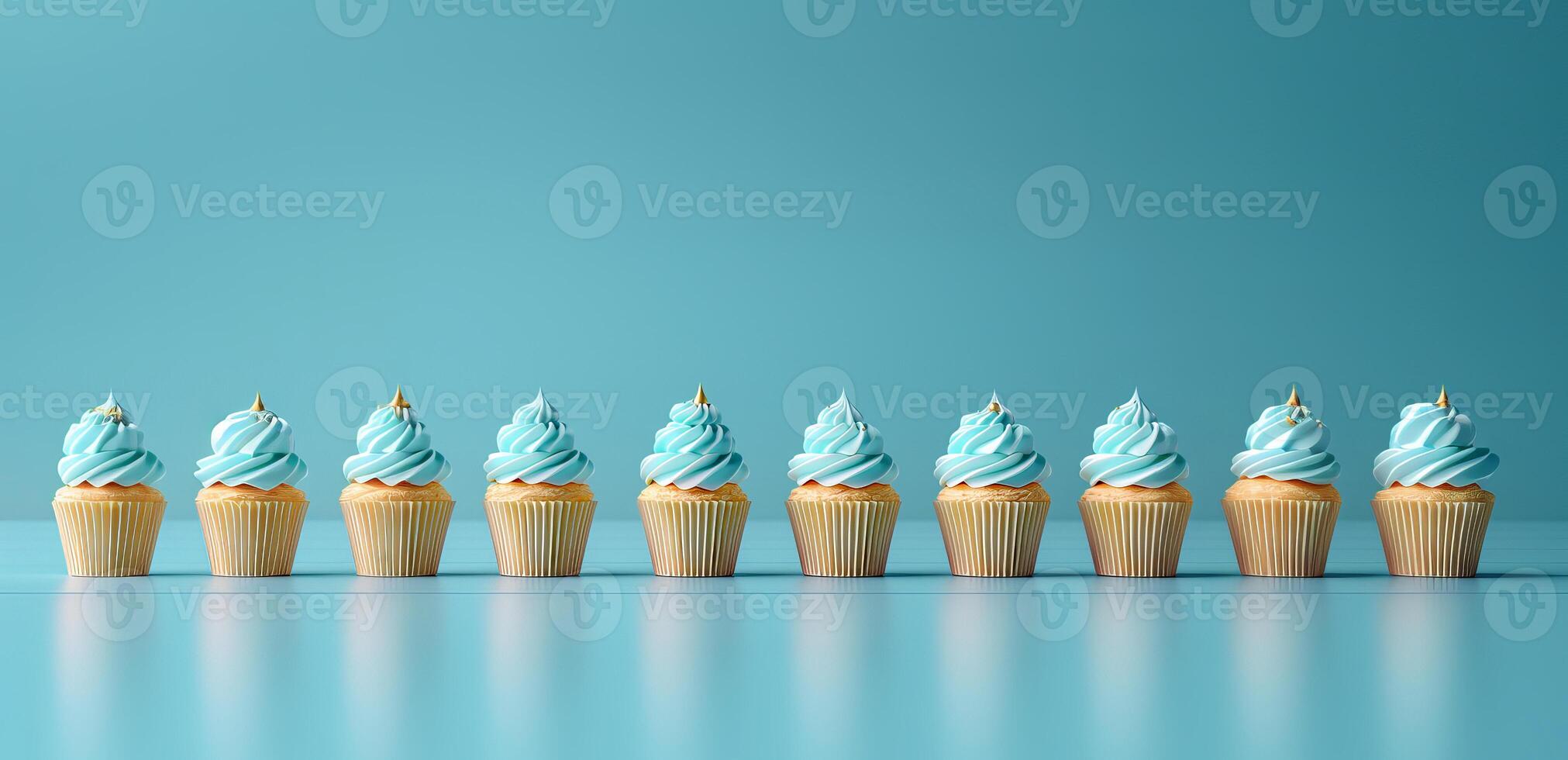 Row plain monochrome light turquoise frosted cupcakes simple blue background, minimalism, copy space photo