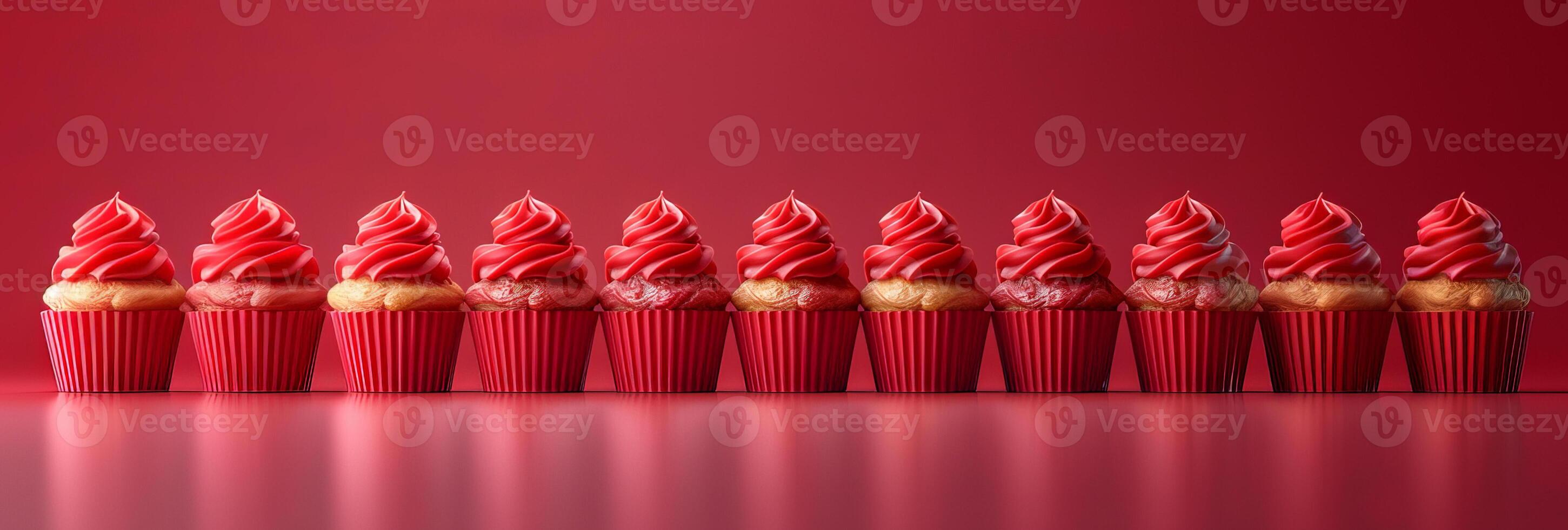 Holiday cupcakes lined row smooth frosting red monochrome colors pattern pastel colors, minimalistic photo