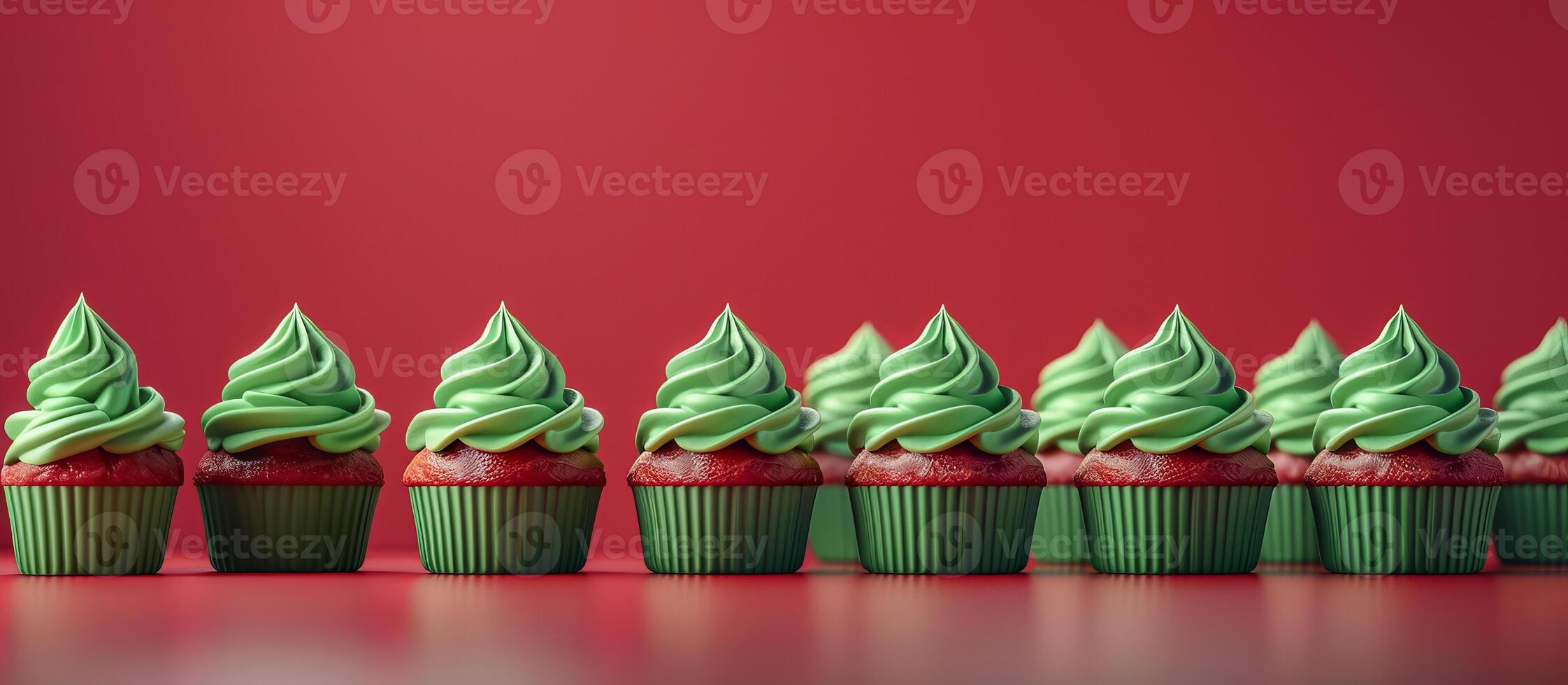Festive cupcakes row smooth frosting red green colors, minimalistic Christmas style. New Year. photo