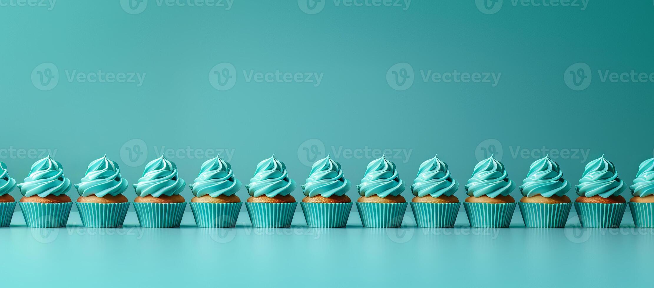 Row plain monochrome light turquoise frosted cupcakes simple blue background, minimalism, copy space photo