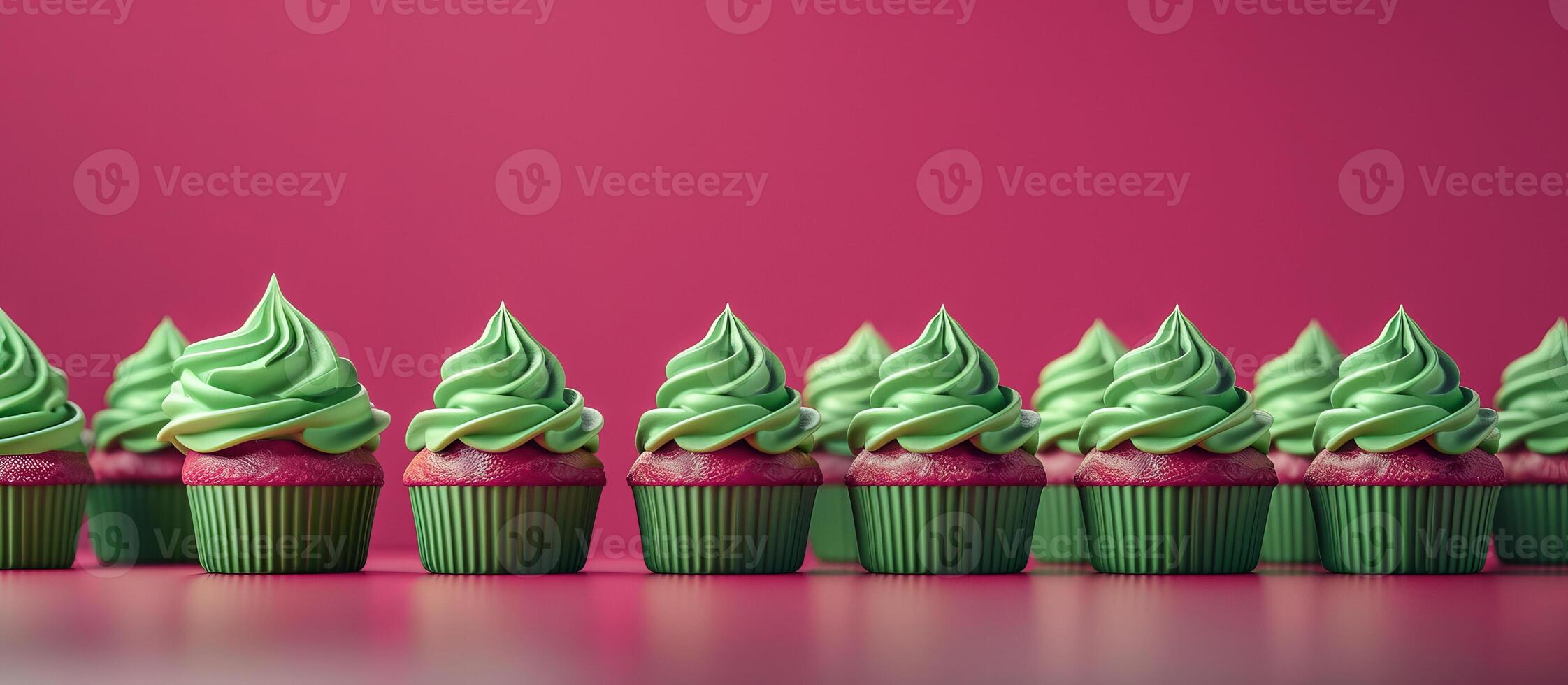 Festive cupcakes row smooth frosting red green colors, minimalistic Christmas style. New Year. photo
