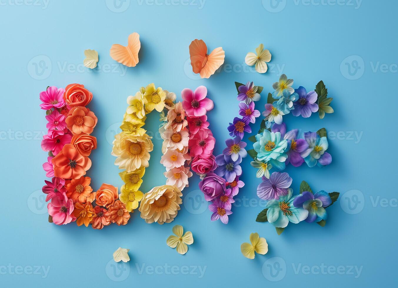 Word 'LOVE' spelled out with multicolored flowers butterflies blue background. Flat lay, copy space photo