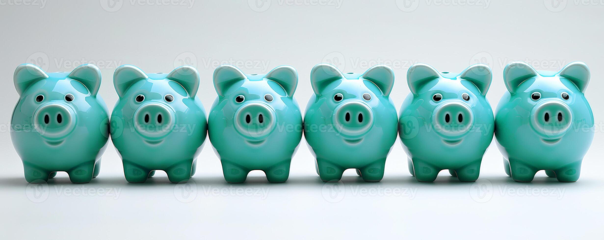 Row identical green piggy banks lined up white background symbolizes uniformity of savings photo