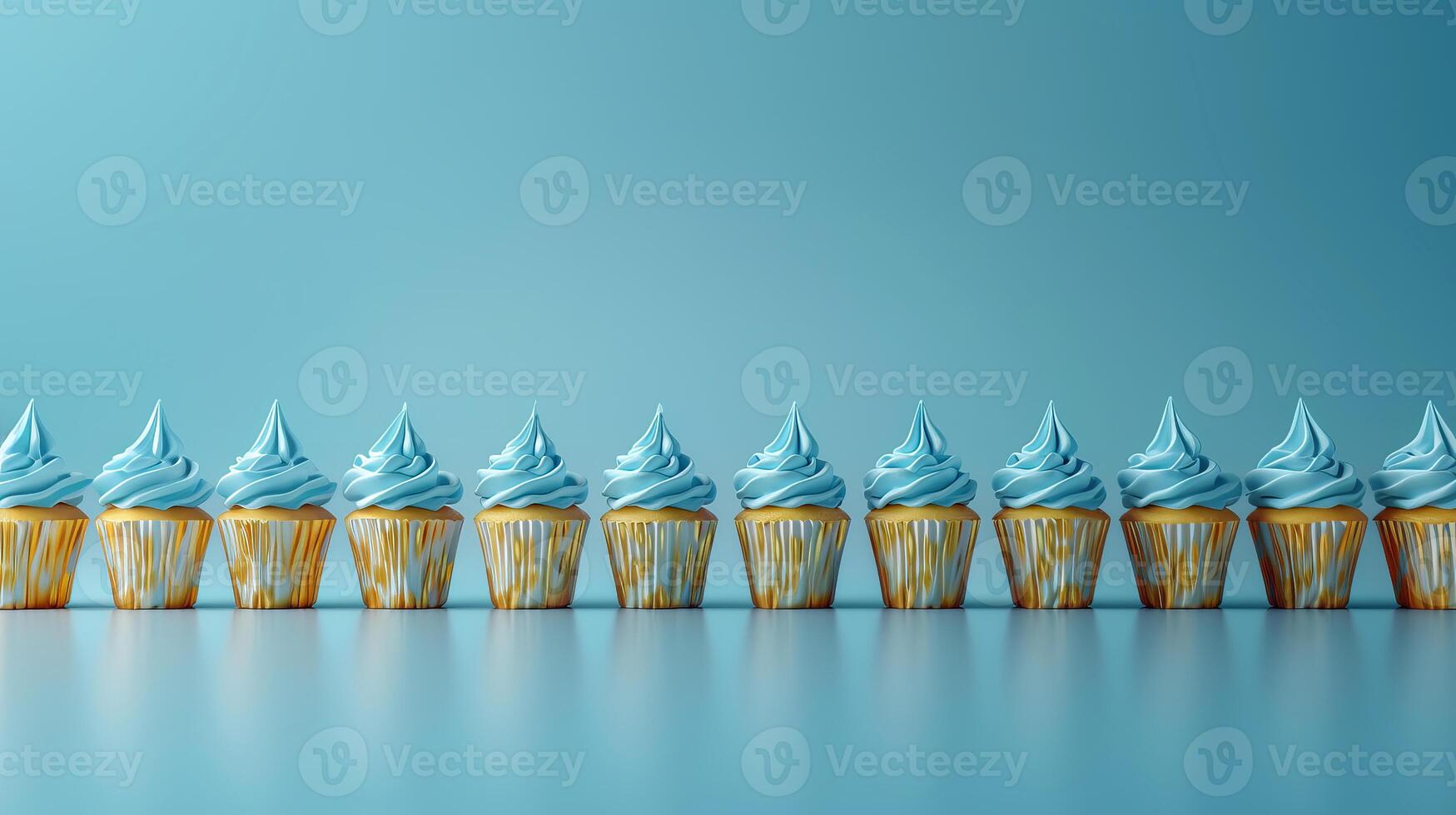 Row plain monochrome light blue frosted cupcakes simple blue background, minimalism, copy space photo