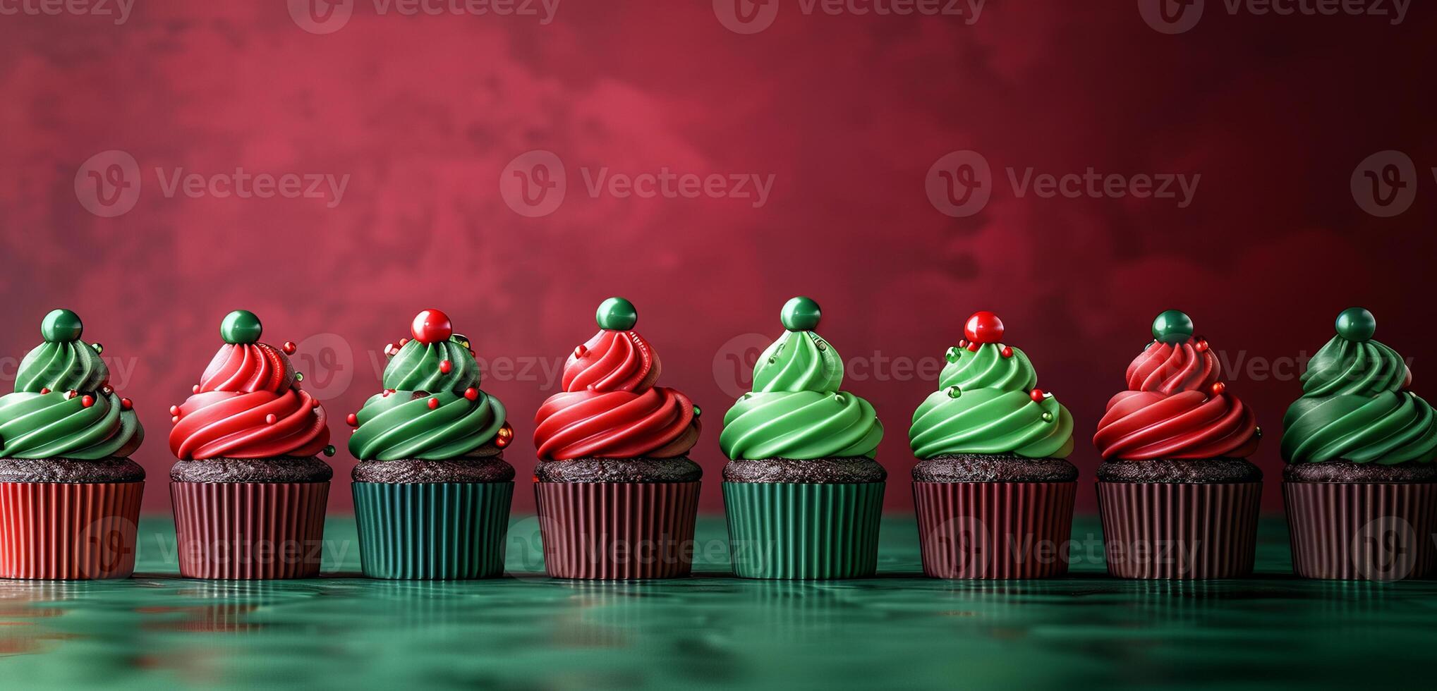 Festive cupcakes row smooth frosting red green colors, minimalistic Christmas style. New Year. photo
